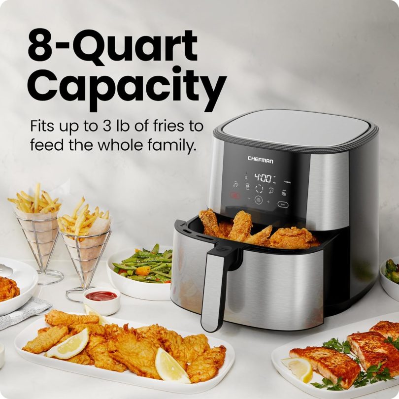 Chefman TurboFry® Touch Air Fryer, XL 8-Qt Family Size, One-Touch Digital Control Presets, French Fries, Chicken, Meat, Fish, Nonstick Dishwasher-Safe Parts, Automatic Shutoff, Stainless Steel - Image 3