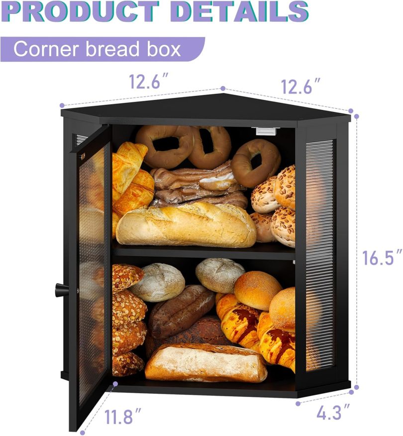 Corner Bread box for Kitchen Countertop,Farmhouse Bread Box with Acrylic Wavy Door Panel,Large Bread box for kitchen countertop,Kitchen Countertop Food Storage Container (Black, Extra Large) - Image 2