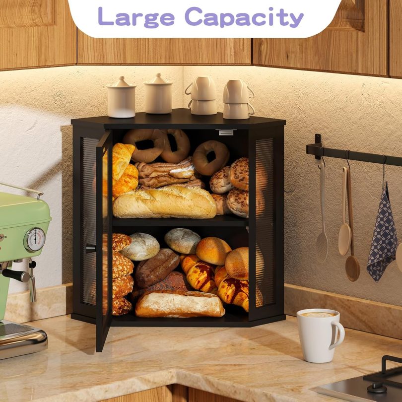 Corner Bread box for Kitchen Countertop,Farmhouse Bread Box with Acrylic Wavy Door Panel,Large Bread box for kitchen countertop,Kitchen Countertop Food Storage Container (Black, Extra Large) - Image 5