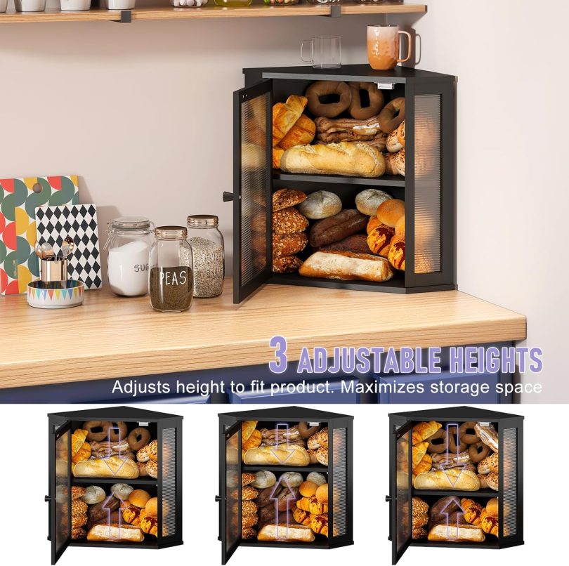 Corner Bread box for Kitchen Countertop,Farmhouse Bread Box with Acrylic Wavy Door Panel,Large Bread box for kitchen countertop,Kitchen Countertop Food Storage Container (Black, Extra Large) - Image 6