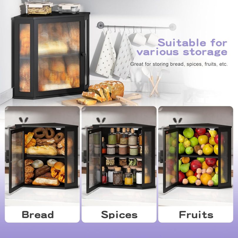 Corner Bread box for Kitchen Countertop,Farmhouse Bread Box with Acrylic Wavy Door Panel,Large Bread box for kitchen countertop,Kitchen Countertop Food Storage Container (Black, Extra Large) - Image 7