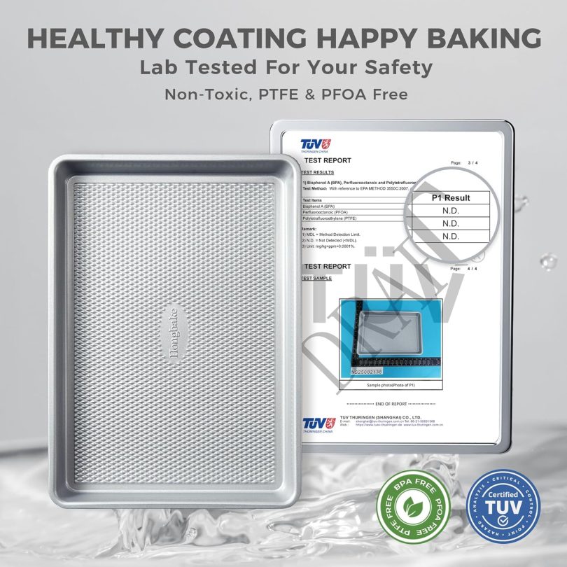HONGBAKE Naturally Non Toxic Baking Sheet Pan Set of 3, Heavy Duty Aluminized Steel Cookie Sheets, Half/Quarter/Jelly Roll Pans with Textured Nonstick Surface, Free of PTFE & PFOA - Image 2