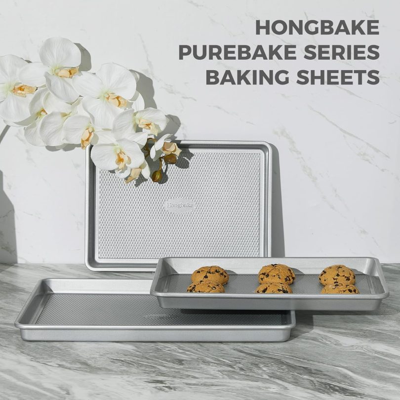 HONGBAKE Naturally Non Toxic Baking Sheet Pan Set of 3, Heavy Duty Aluminized Steel Cookie Sheets, Half/Quarter/Jelly Roll Pans with Textured Nonstick Surface, Free of PTFE & PFOA - Image 4