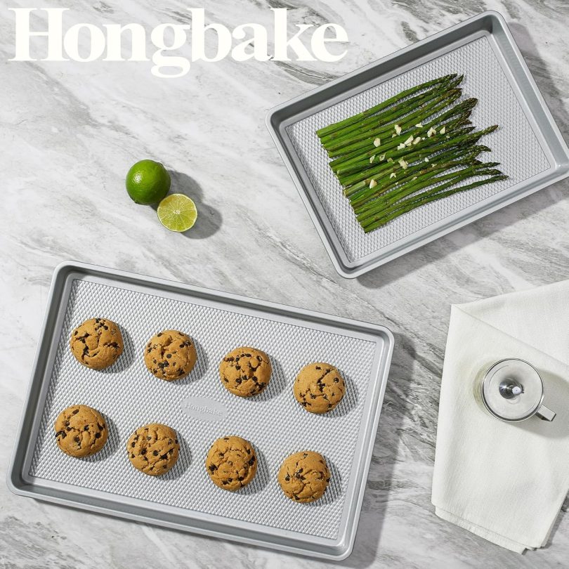 HONGBAKE Naturally Non Toxic Baking Sheet Pan Set of 3, Heavy Duty Aluminized Steel Cookie Sheets, Half/Quarter/Jelly Roll Pans with Textured Nonstick Surface, Free of PTFE & PFOA - Image 8